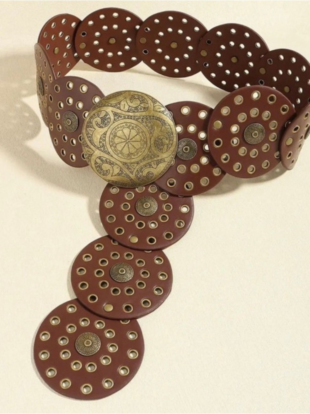 Brown Decorative Circle Leather Belt with Brass Medallion